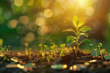 Money tree sprouting from coins, business success concept, financial growth, close-up shot, golden lighting, high resolution, lush green foliage