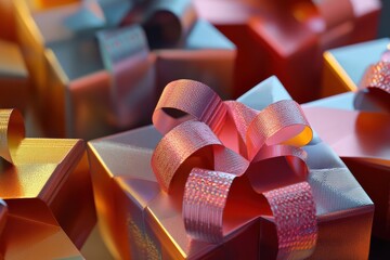 Fototapete - The arrangement showcases vibrant shapes reminiscent of gift boxes, beautifully accented by ribbons and bows, evoking a joyous atmosphere. Generative AI
