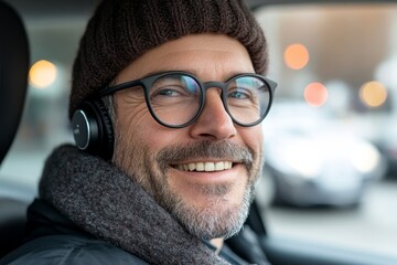 Smiling European middle aged man or driver with wireless earphones driving car and enjoying music, Generative AI