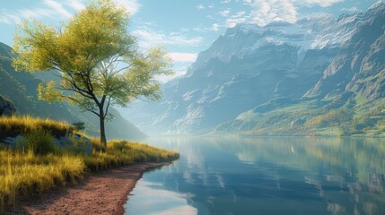 Canvas Print - Serene Mountain Lake with Tree