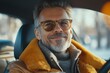© Rising Monk - Cheerful middle aged man driving auto, looking through open window and smiling at camera, happy driver enjoying car ride, Generative AI
