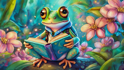 Wall Mural - oil painting style cartoon character illustration Frog reads a book and sitting on the ground in front of pink flowers. 