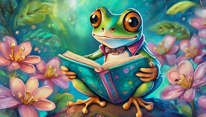 Wall Mural - oil painting style cartoon character illustration Frog reads a book and sitting on the ground in front of pink flowers. 