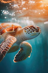 Wall Mural - colorful marine life accompanying sea turtle swim