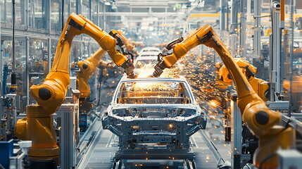 Aufkleber - Innovative robotic arms in action streamlining vehicle assembly in a state-of-the-art factory environment