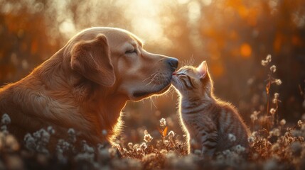 friendship between a dog and a cat. a dog and a cat hug each other peacefully, friendship between an