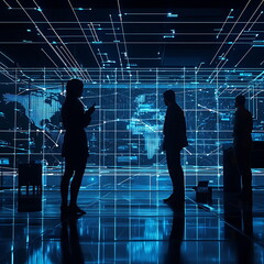 Aufkleber - Silhouettes of professionals navigating a high-tech environment with global connectivity and advanced digital interfaces