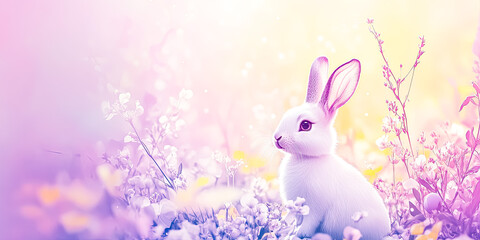 Wall Mural - White rabbit is sitting in a field of flowers. The image has a bright and cheerful mood, with the rabbit standing out against the colorful background