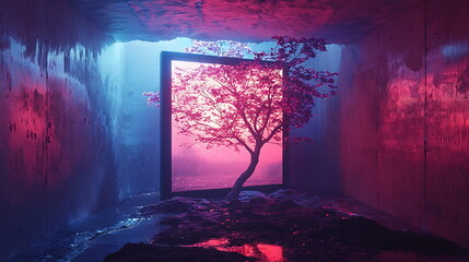 Leinwandbilder - A surreal tree emerges through a vibrant frame of light and color in an enigmatic space