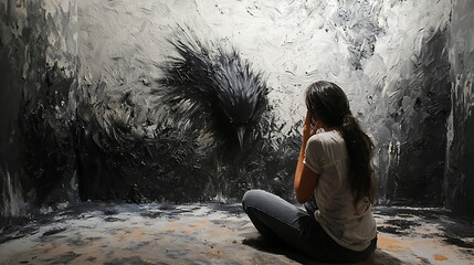 Poster - Woman in despair confronts an abstract black and white wall evoking deep emotions and reflecting inner turmoil