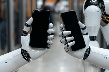 Close-up Of Two Humanoid Robot Hands Holding Blank Display Mobile Phones