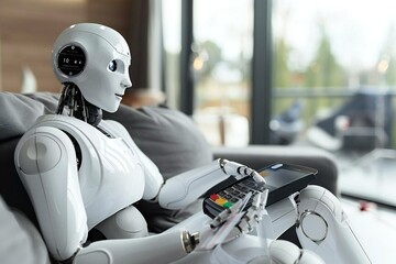 Humanoid Robot On Sofa Buying Online With Credit Card, robot, online, ai, artificial, retail, intelligence, code, shopping, tech, machine, card, technology, future, credit, 4, 0, overhead