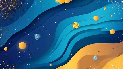 Canvas Print - Abstract Paper Cut Design with Blue and Yellow Waves  Stars  and Flowers