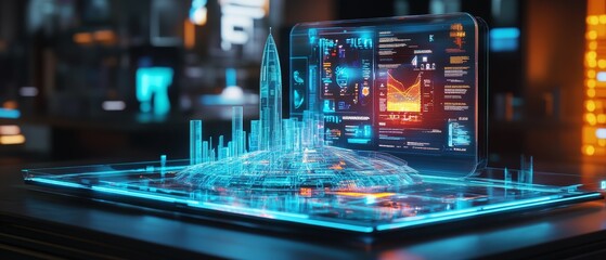 Wall Mural - a holographic miniature of infographic dashboard on the table, with infographic data screens next to