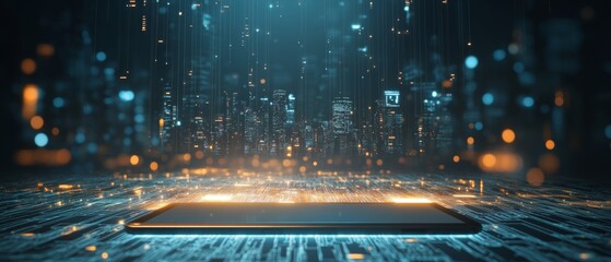 Wall Mural - floating above a tablet. in the background, a cityscape is illuminated by light rays from the screen