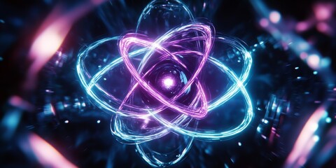 Wall Mural - a close-up of the inside of an atom, with light blue and purple neon lines in spiral patterns around