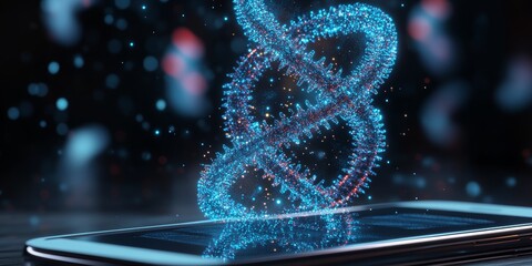 Wall Mural - a 3d of large dna hologram emerging from a smartphone
