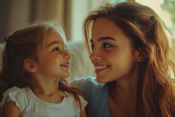 Happy mother and her cute daughter child girl talking and laughing, enjoying time together at home, bonding. Family holiday and togetherness, Generative AI