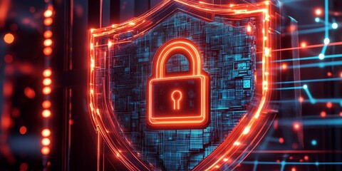 Wall Mural - a giant 3D icon for Cybersecurity, Futuristic lock, shield, and connected dots,