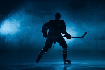 Hockey Silhouette:  A powerful silhouette of a hockey player in action, captured in a dramatic blue-lit arena, evoking the thrill and intensity of the sport.  