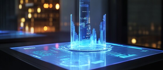Wall Mural - a holographic miniature of infographic dashboard on the table, with infographic data screens next to