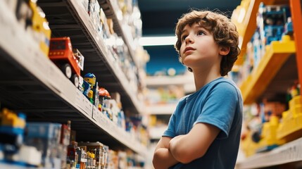 A young boy in a blue shirt stands thoughtfully with crossed arms in front of a toy display, contemplating the variety of toys and mini figures in a well-lit store.