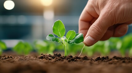 A hand gracefully nurturing a seedling by removing excess soil from its leaves, emphasizing the delicate care needed for new plant growth in a garden habitat.