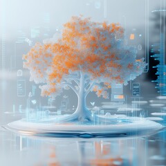 Wall Mural - 3d illustration of big tree,long on the surface of the water, with icons representing business, tech