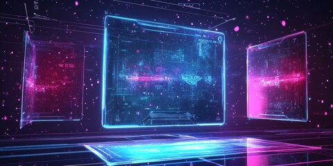 Wall Mural - hologram screen with many scenes out of it with colorful futuristic feeling, space for text