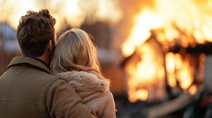 A couple stands arm in arm, witnessing a house engulfed in flames, capturing a poignant scene of unity and resilience in the face of loss.