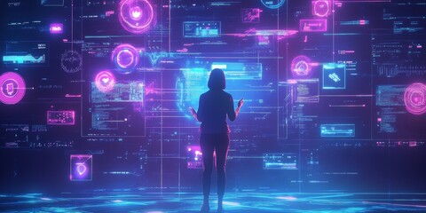 Wall Mural - a person standing confidently, surrounded by floating holographic social media profiles and data str