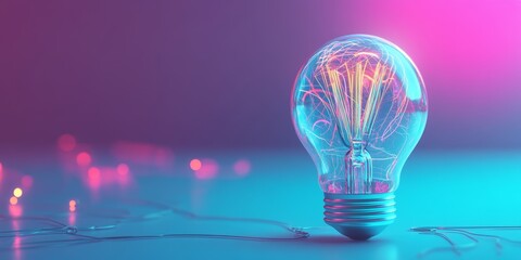 Wall Mural - light bulb on clean blue ground with many glowing wires inside in blue, magenta and mint