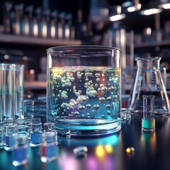 Wall Mural - a 3d image of a scientific laboratory setting, showcasing a clear container filled with a shimmering