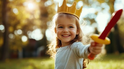 A beaming child with golden crown and toy sword, immersed in a playful adventure, showcasing wonder in a sun-drenched park full of lush green scenery.