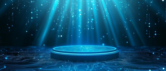 Wall Mural - 3d rendering of blue light rays shining down on a podium with a circular platform in the center.