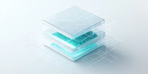 Wall Mural - Icons stacked in shapes of an app icon whit round edges, minimalistic digital space, glowing in a soft green from the inside, surrounded by a transparent shield, crossed from bright and straight lines