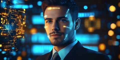 Wall Mural - futuristic, technology-inspired image featuring a professional male figure. 