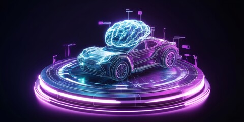 Sticker - icon design featuring a new energy vehicle connected to a networked brain structure, all set on a circular platform. The vehicle has plastic and metallic textures, against a dark background.