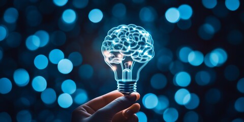 Wall Mural - a hand holding up an icon of a glowing lightbulb and brain in blue, symbolizing ideas being turned a