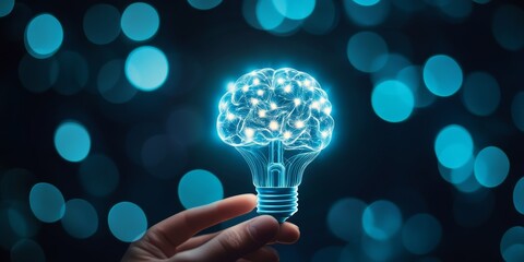 Wall Mural - a hand holding up an icon of a glowing lightbulb and brain in blue, symbolizing ideas being turned a
