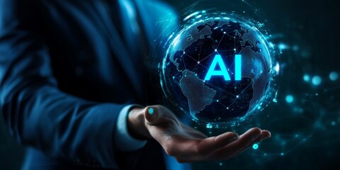 Wall Mural - a businessman is holding a virtual hologram of an ai icon with the word 