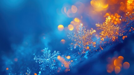 Poster - Shimmering snowflakes sparkle amidst a vibrant blue backdrop, accentuated by warm orange lights that evoke a festive atmosphere. Generative AI