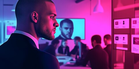 Retro vibrant style office scene with a businessman with a buzzcut focusing on niche marketing strategies. In the background, a group of individuals huddled in discussion, 