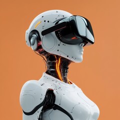 Wall Mural - futuristic robot wearing a vr headset on a simple background