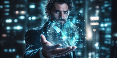 Wall Mural - a business man with suit holding his futuristic company in digital style in 2030 in his hand, light 