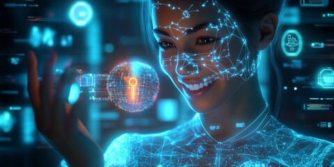 Wall Mural - smiling futuristic virtual ai- assistant, holographic, holding various business process, one tool gl
