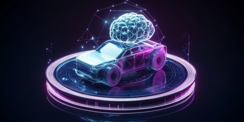 Wall Mural - icon design featuring a new energy vehicle connected to a networked brain structure, all set on a circular platform. The vehicle has plastic and metallic textures, against a dark background