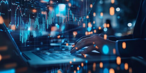Wall Mural - businessman analyzing financial data on a laptop with a stock market graph visible and business peop