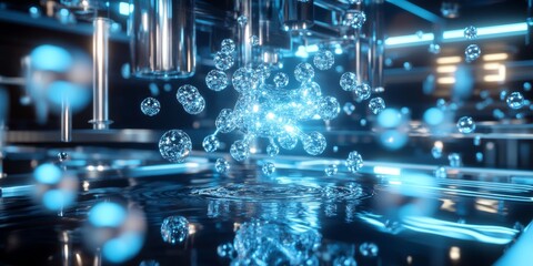 Wall Mural - digital rendering of saliva structure, 99% water molecules, 1% proteins and enzymes, futuristic sett