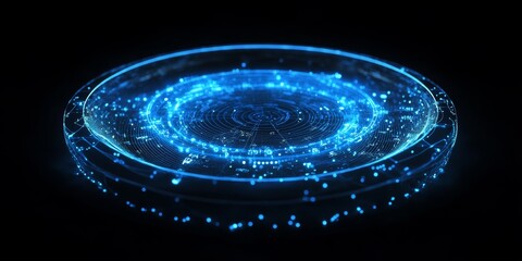 Sticker - 3D render of a blue hologram wireframe floating in a black background, a circular shape with data points and numbers inside the circle, 